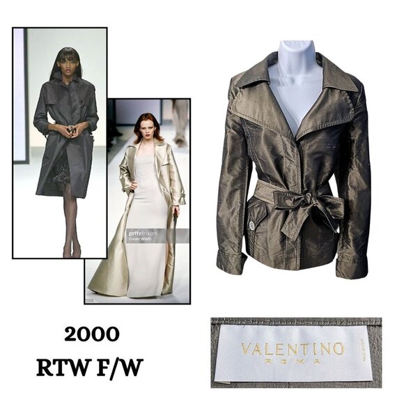Vtg Y2K VALENTINO Metallic Futurism 100% Silk Green-Gray Belted Moto Trench Sz 8 - Picture 1 of 9